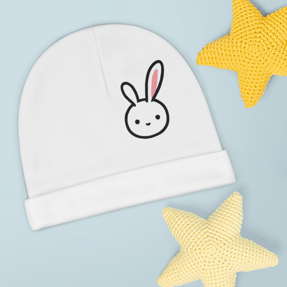 Little Bunny Baby Beanie, presented with two knitted stars - cute baby and toddler clothing