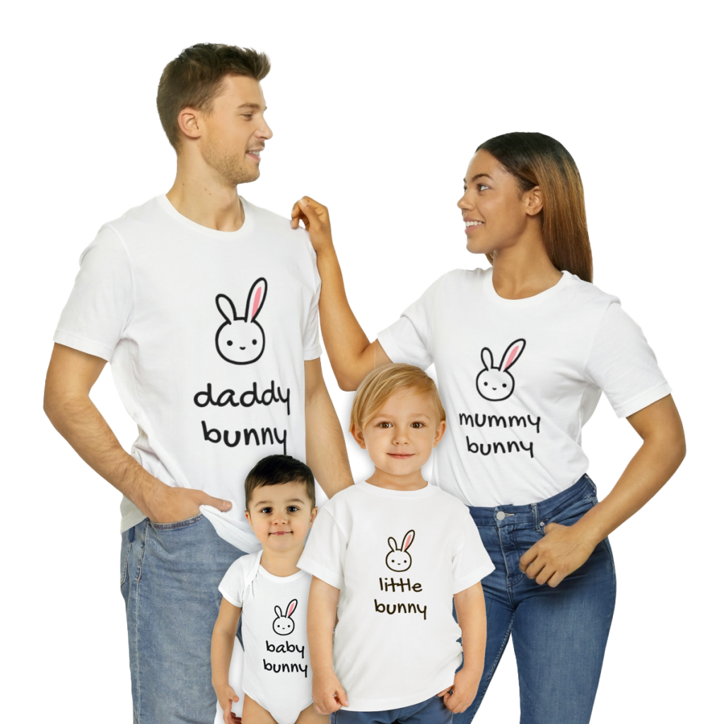 Family of two adults, male and female, with two children wearing the range of Little Bunny matching t-shirts - daddy bunny, mummy bunny, and the daddy bunny mug - cute baby and toddler clothing little bunny and baby bunny