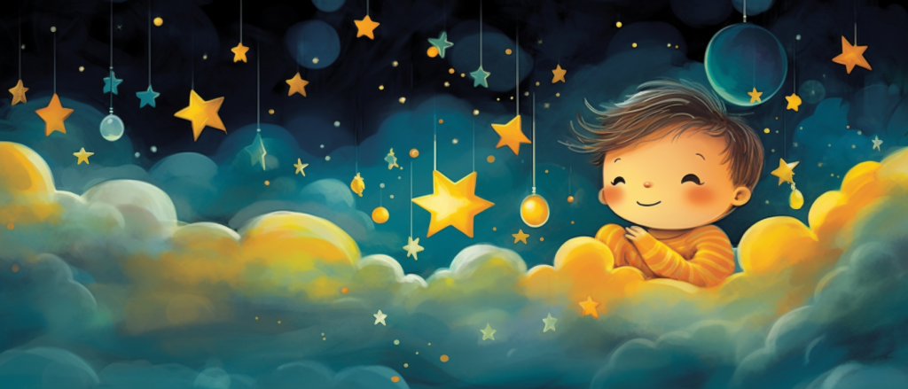 Small child, in the clouds surrounded by stars and dreams, happy and glowing for Little Star Baby Bodysuit